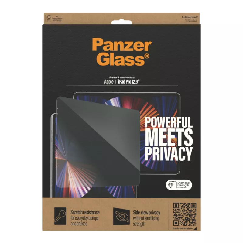 Vidro protetor de ecrã PanzerGlass para Apple iPad Pro 12,9 polegadas (2018/2020/2021/2022) Privacy, vidro temperado + PET, 32,8 cm