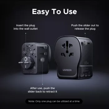 Carregador de interior AC para dispositivos móveis UGREEN 55001 — 2× USB-C, 100–240 V, carregamento rápido, preto/cinzento