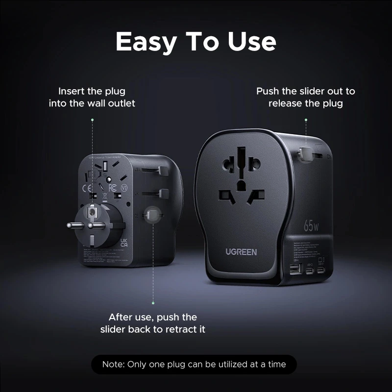 UGREEN S550 adaptador de viagem universal 65W, 2x USB-C + USB-A, 55001