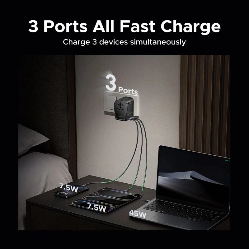UGREEN S550 adaptador de viagem universal 65W, 2x USB-C + USB-A, 55001