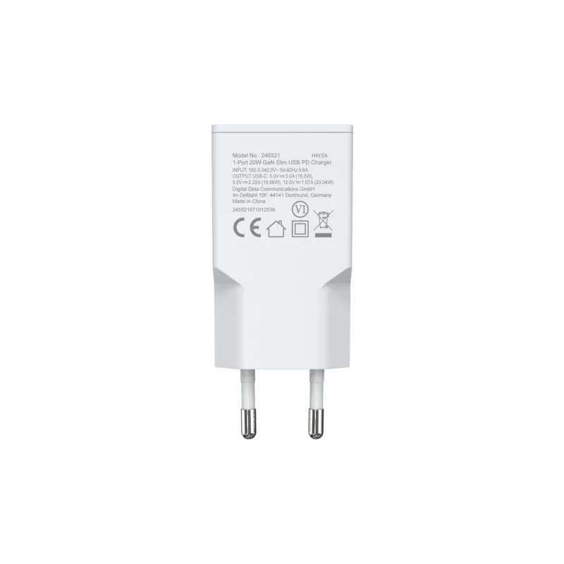 Carregador de parede EQUIP 1 porta 20W GaN USB-C PD — entrada 100–240V, saída máx. 12V, branco