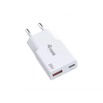 Carregador EQUIP 2 portas 20W GaN fino USB PD — USB-C x1, USB-A x1, entrada 100–240V, saída máx. 12V, branco