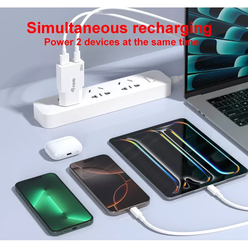 Carregador EQUIP 2 portas 20W GaN fino USB PD — USB-C x1, USB-A x1, entrada 100–240V, saída máx. 12V, branco