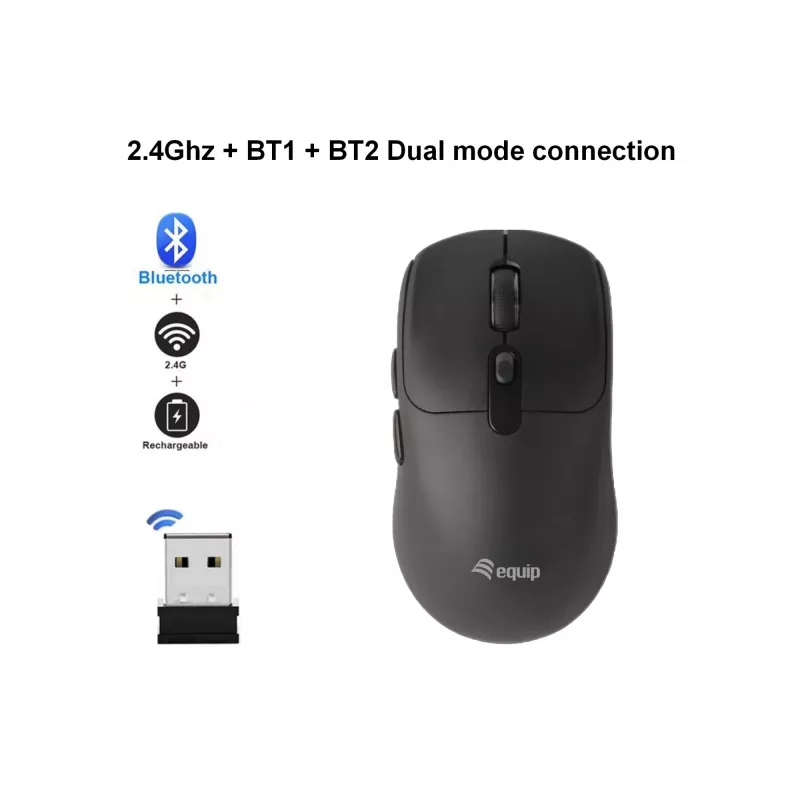 Rato sem fios EQUIP ambidestro 6 botões modo duplo, ótico 1600 DPI, RF + Bluetooth, preto