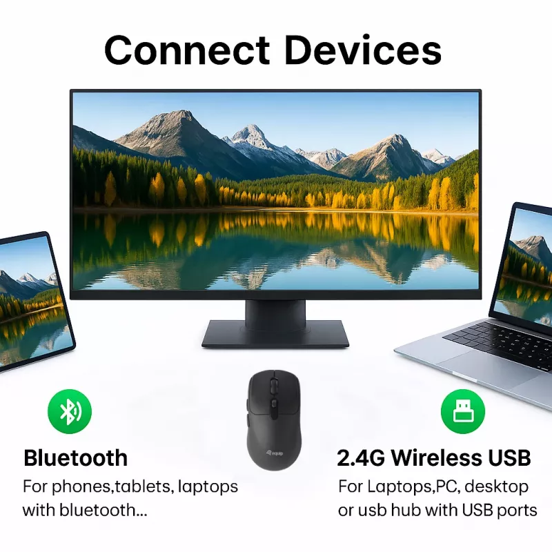 Rato sem fios EQUIP ambidestro 6 botões modo duplo, ótico 1600 DPI, RF + Bluetooth, preto