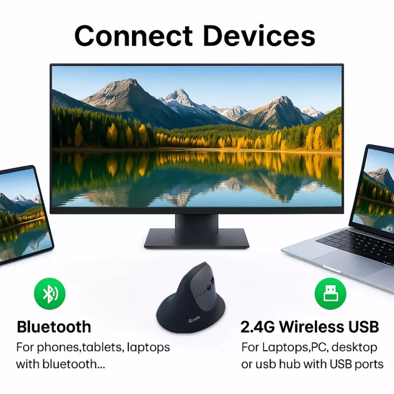 Rato sem fios vertical ergonómico EQUIP para destros, 1600 DPI, RF Wireless + Bluetooth, recarregável, 6 botões, preto