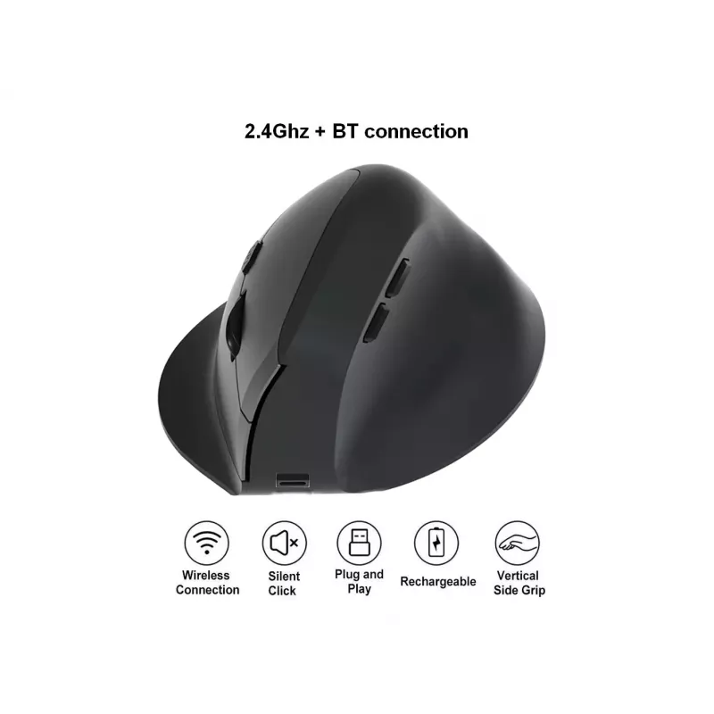 Rato sem fios vertical ergonómico EQUIP para destros, 1600 DPI, RF Wireless + Bluetooth, recarregável, 6 botões, preto