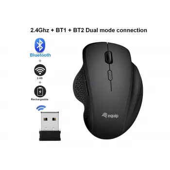Rato sem fios recarregável EQUIP 6 botões modo duplo — para destros, ótico 1600 DPI, RF Wireless + Bluetooth, preto