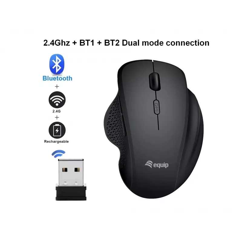 Rato sem fios recarregável EQUIP 6 botões modo duplo — para destros, ótico 1600 DPI, RF Wireless + Bluetooth, preto
