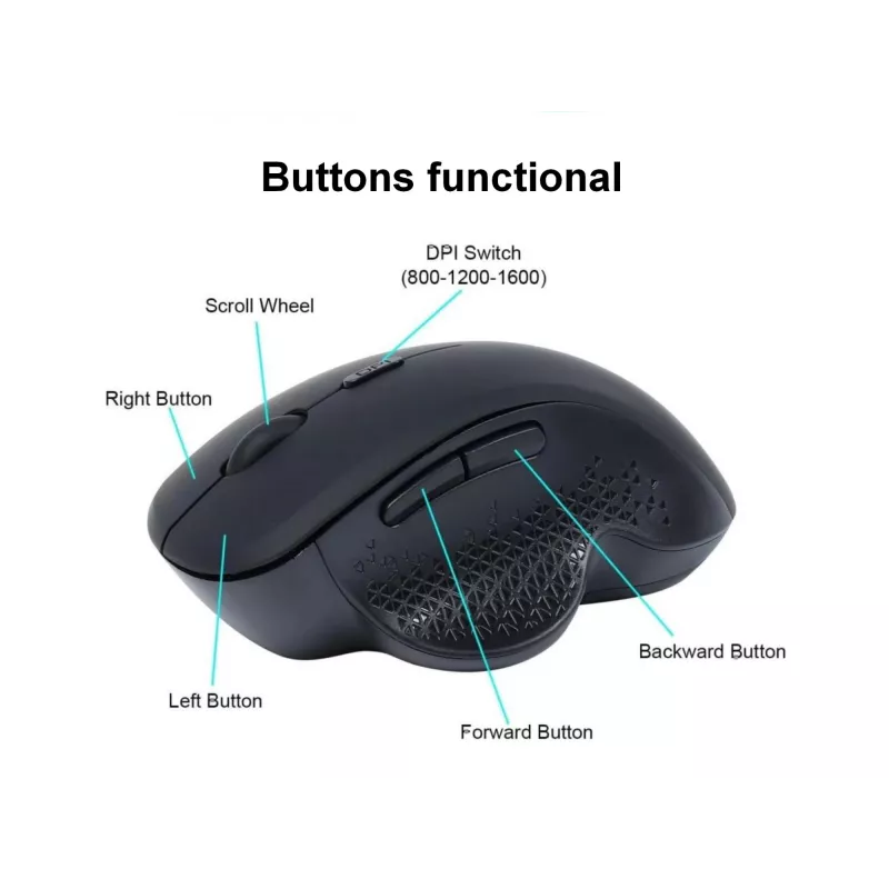 Rato sem fios recarregável EQUIP 6 botões modo duplo — para destros, ótico 1600 DPI, RF Wireless + Bluetooth, preto