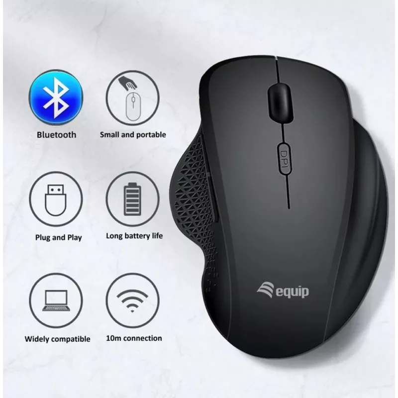 Rato sem fios recarregável EQUIP 6 botões modo duplo — para destros, ótico 1600 DPI, RF Wireless + Bluetooth, preto