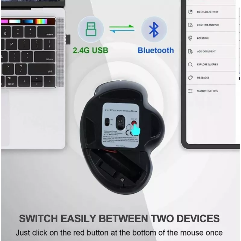 Rato sem fios recarregável EQUIP 6 botões modo duplo — para destros, ótico 1600 DPI, RF Wireless + Bluetooth, preto