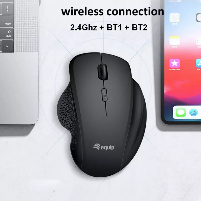 Rato sem fios recarregável EQUIP 6 botões modo duplo — para destros, ótico 1600 DPI, RF Wireless + Bluetooth, preto