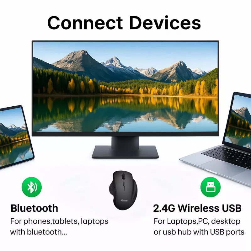 Rato sem fios recarregável EQUIP 6 botões modo duplo — para destros, ótico 1600 DPI, RF Wireless + Bluetooth, preto