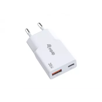 Carregador EQUIP 2 portas 30W GaN fino USB PD — USB-C x1, USB-A x1, entrada 100–240V, saída máx. 20V, branco