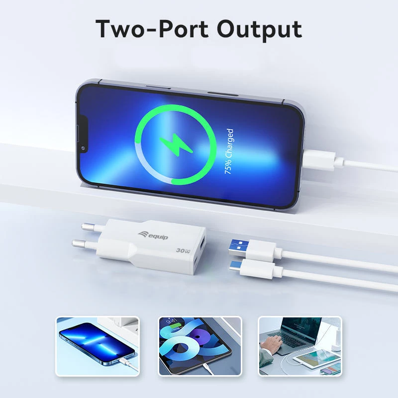 Carregador EQUIP 2 portas 30W GaN fino USB PD — USB-C x1, USB-A x1, entrada 100–240V, saída máx. 20V, branco