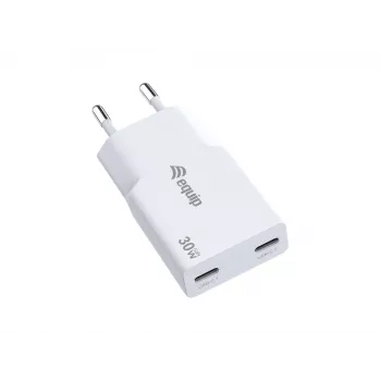Carregador EQUIP 2 portas 30W GaN fino USB-C PD — 2 conectores USB-C, entrada 100–240 V, saída máx. 20 V, branco