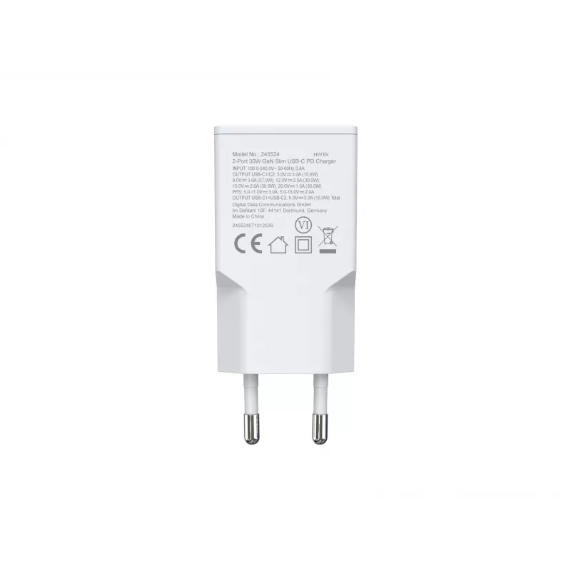 Carregador EQUIP 2 portas 30W GaN fino USB-C PD — 2 conectores USB-C, entrada 100–240 V, saída máx. 20 V, branco