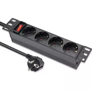Régua de tomadas QOLTEC 54603 — montagem em rack 1U, entrada 16A, 4× tomadas Schuko