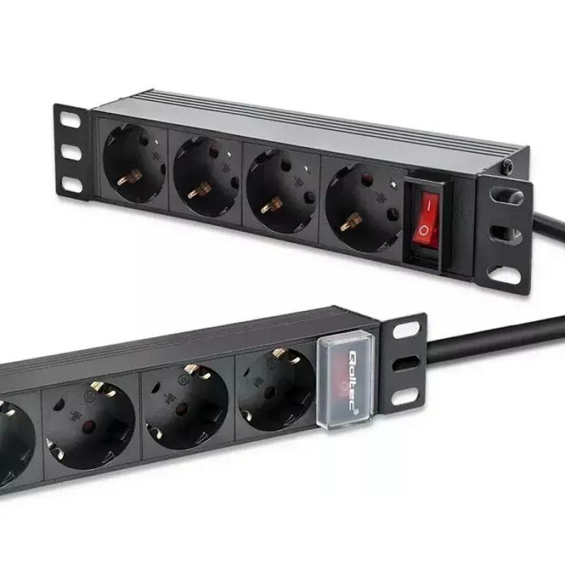 Régua de tomadas QOLTEC 54603 — montagem em rack 1U, entrada 16A, 4× tomadas Schuko