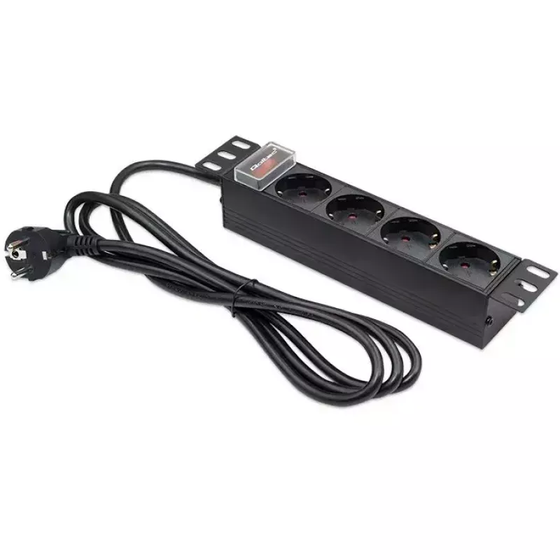 Régua de tomadas QOLTEC 54603 — montagem em rack 1U, entrada 16A, 4× tomadas Schuko