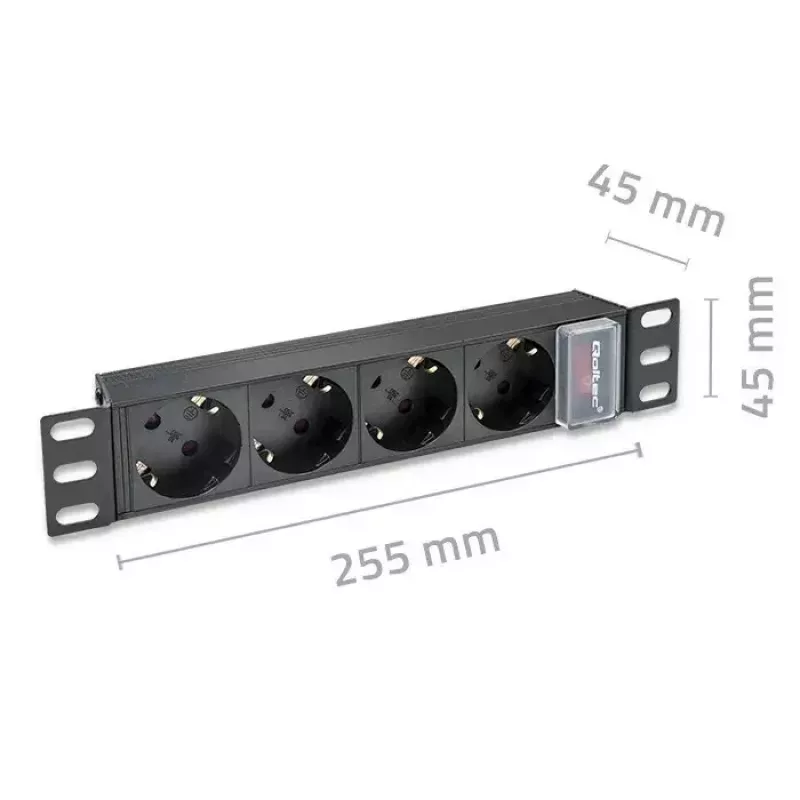 Régua de tomadas QOLTEC 54603 — montagem em rack 1U, entrada 16A, 4× tomadas Schuko