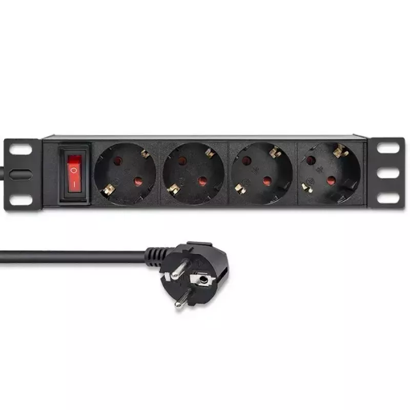 Régua de tomadas QOLTEC 54603 — montagem em rack 1U, entrada 16A, 4× tomadas Schuko