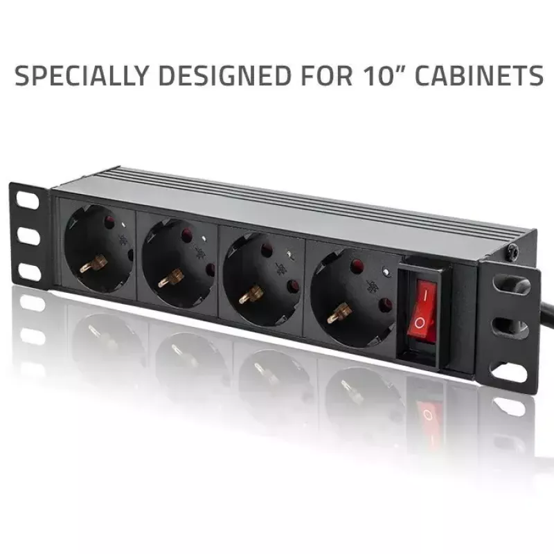 Régua de tomadas QOLTEC 54603 — montagem em rack 1U, entrada 16A, 4× tomadas Schuko