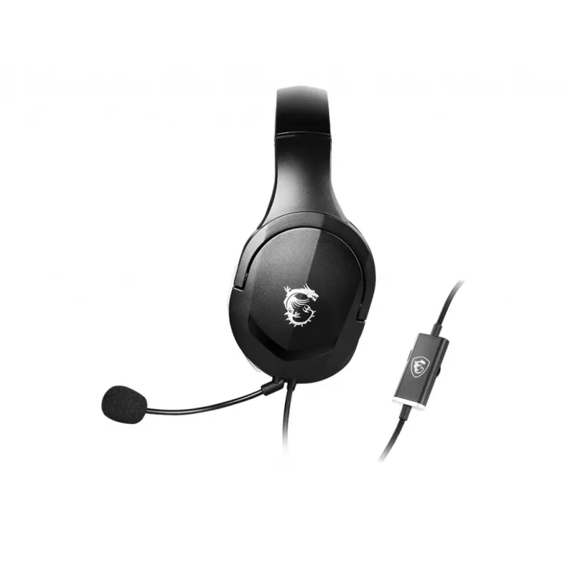 Headset gaming MSI IMMERSE GH20 '3,5 mm inline com acessório divisor de áudio, Preto, drivers de 40 mm, microfone unidirecional, compatibilidade com PC e multiplataforma'