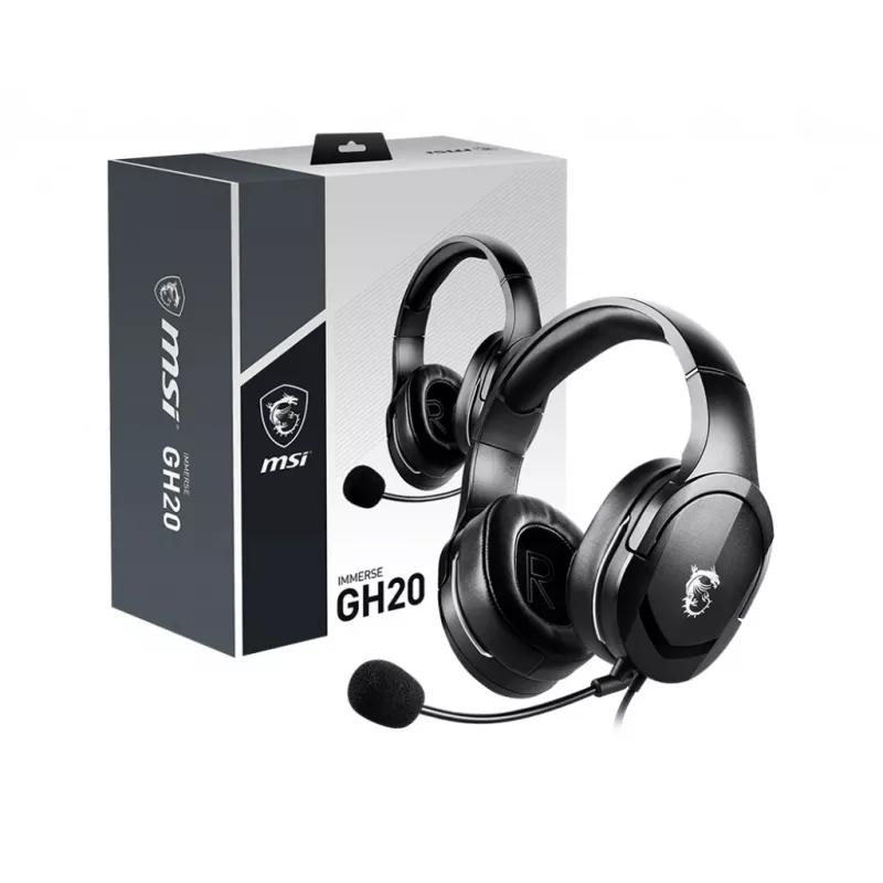 Headset gaming MSI IMMERSE GH20 '3,5 mm inline com acessório divisor de áudio, Preto, drivers de 40 mm, microfone unidirecional, compatibilidade com PC e multiplataforma'