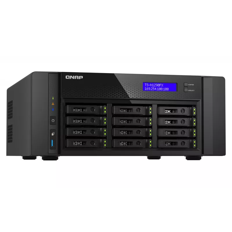 Torre NAS QNAP TS-h1290FX — EPYC 7302P 3,0 GHz, 128 GB DDR4, 12 baias, QuTS hero, preto