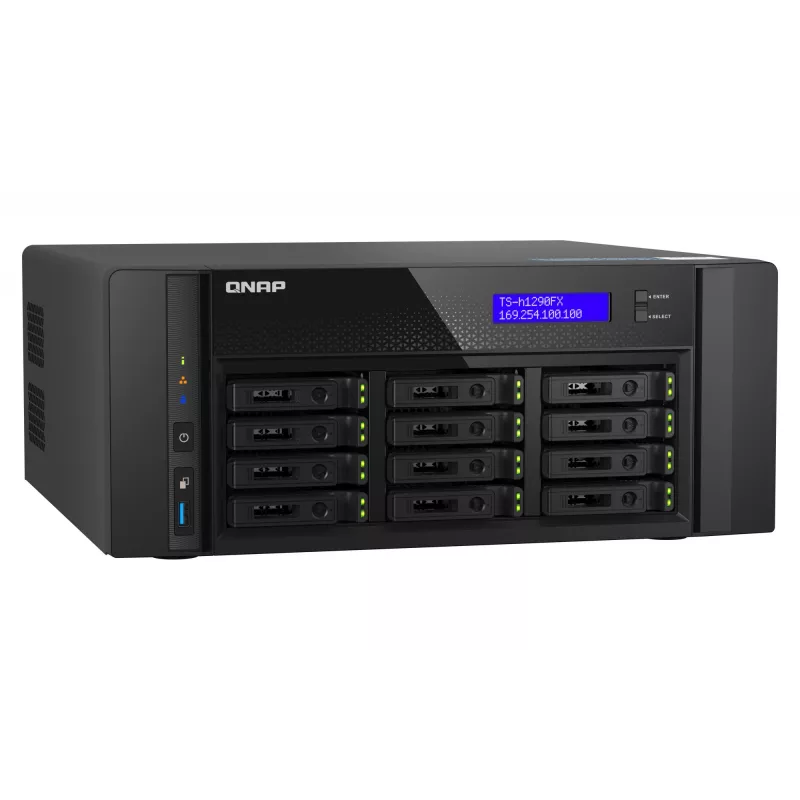 Torre NAS QNAP TS-h1290FX — EPYC 7302P 3,0 GHz, 128 GB DDR4, 12 baias, QuTS hero, preto