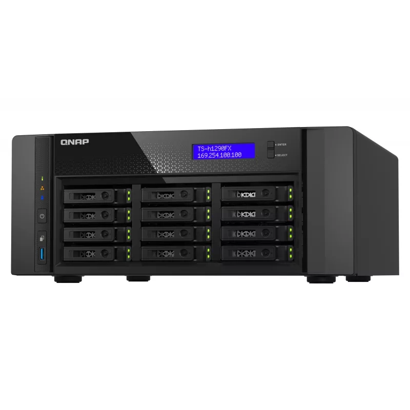 Torre NAS QNAP TS-h1290FX — EPYC 7302P 3,0 GHz, 128 GB DDR4, 12 baias, QuTS hero, preto