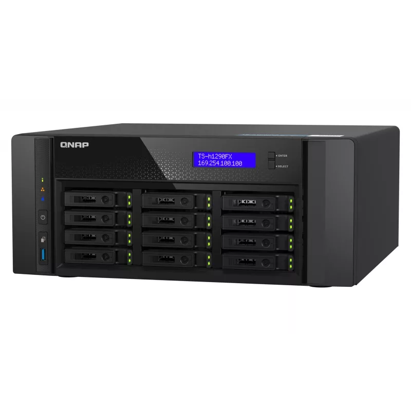 Torre NAS QNAP TS-h1290FX — EPYC 7302P 3,0 GHz, 128 GB DDR4, 12 baias, QuTS hero, preto