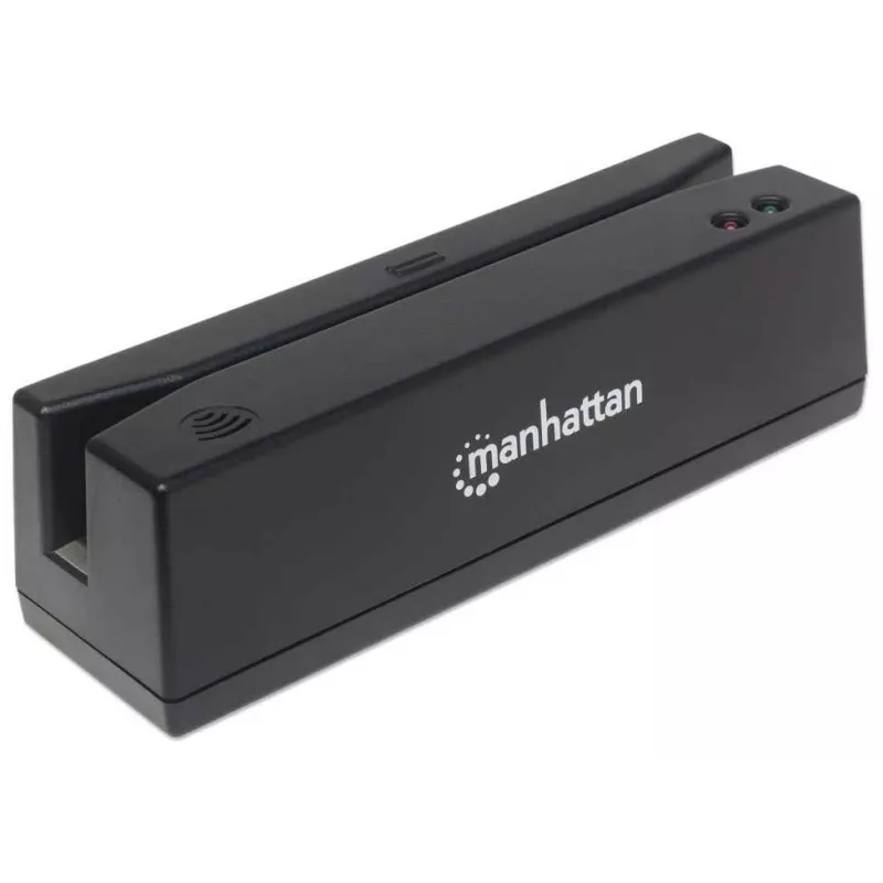 Leitor de cartões de banda magnética USB-A Manhattan, leitor de três pistas, descodificador de teclado, cabo 1,5 m, preto, três anos de garantia