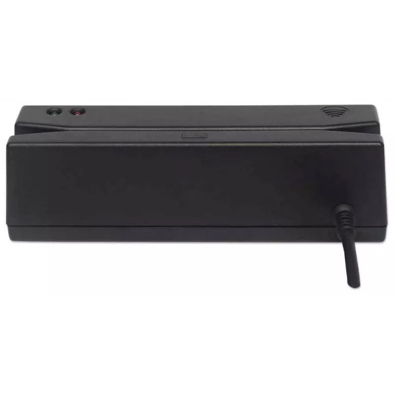 Leitor de cartões de banda magnética USB-A Manhattan, leitor de três pistas, descodificador de teclado, cabo 1,5 m, preto, três anos de garantia