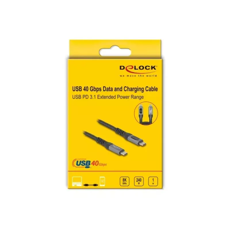 Cabo coaxial de dados e carregamento rápido DeLOCK USB 40 Gbps 1 m USB PD 3.1 240 W