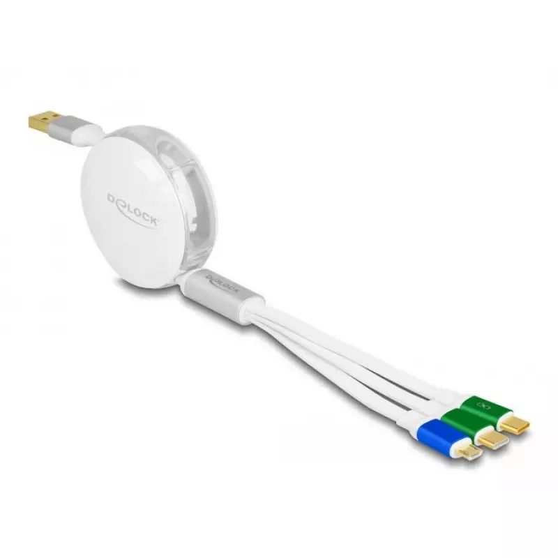 Cabo de carregamento retrátil 3 em 1 DeLOCK USB Type-A para Micro USB / 2 x USB Type-C carregamento rápido 1,13 m