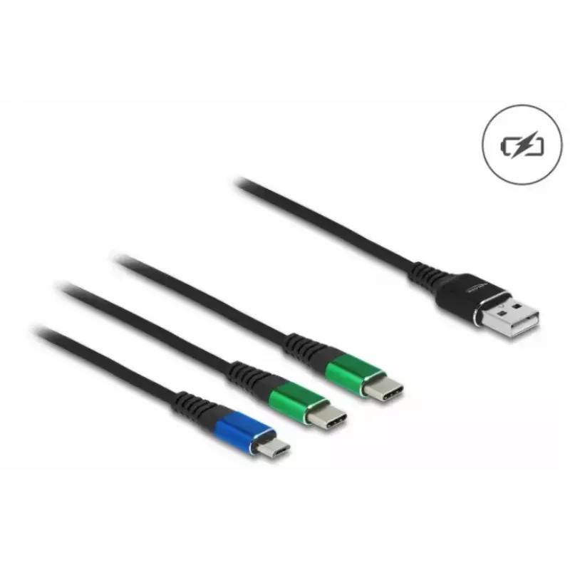 Cabo de carregamento USB DeLOCK 3 em 1 Type-A para Micro-USB / 2 x USB Type-C 1 m
