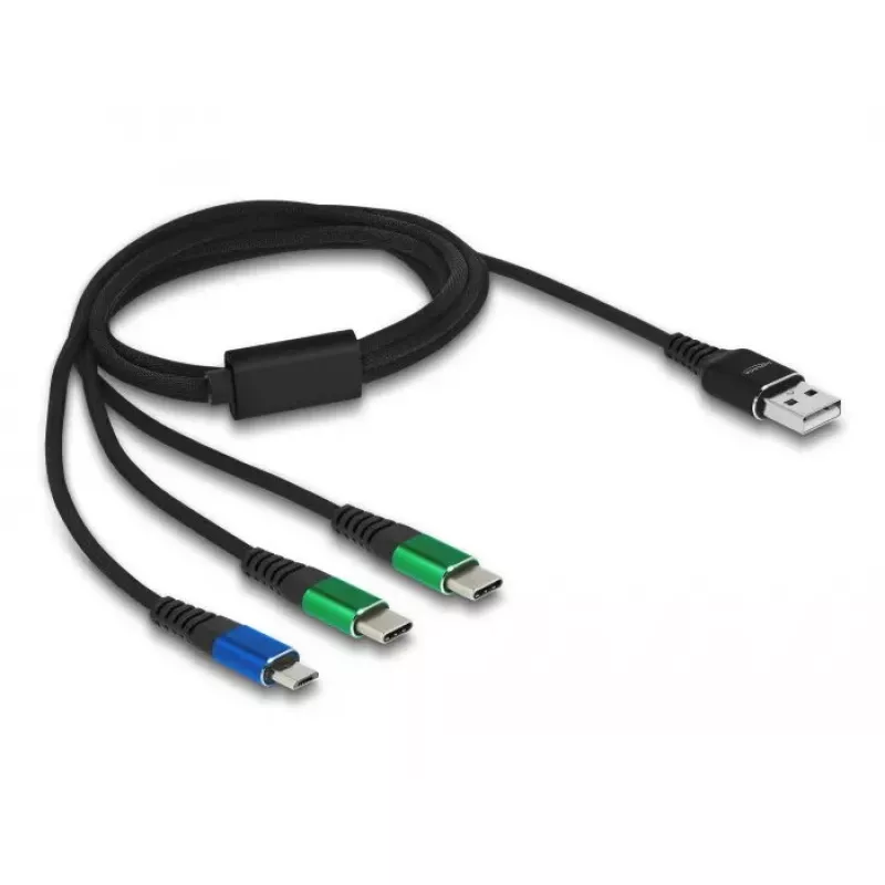 Cabo de carregamento USB DeLOCK 3 em 1 Type-A para Micro-USB / 2 x USB Type-C 1 m
