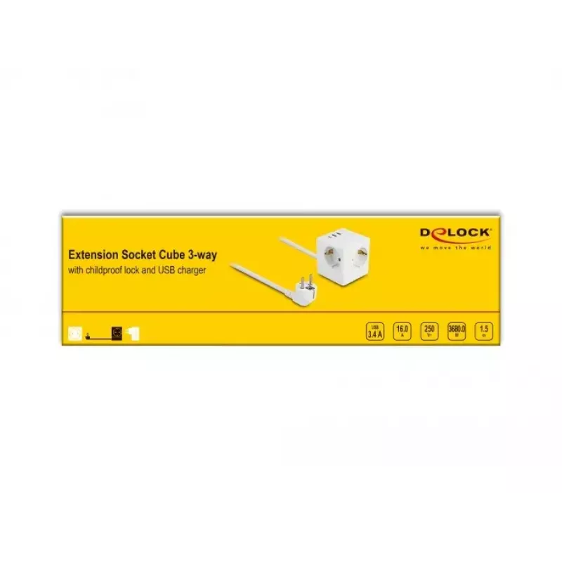 DeLOCK 11497 Cubo de tomadas de 3 vias com cabo de extensão de 1,5 m, carregador USB, proteção para crianças, branco