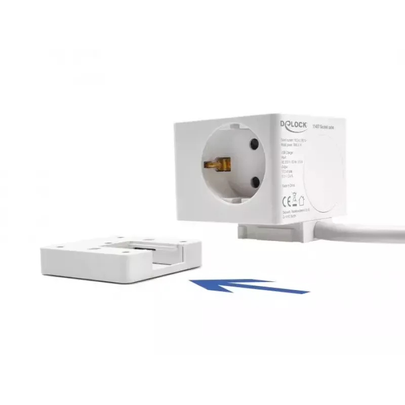 DeLOCK 11497 Cubo de tomadas de 3 vias com cabo de extensão de 1,5 m, carregador USB, proteção para crianças, branco