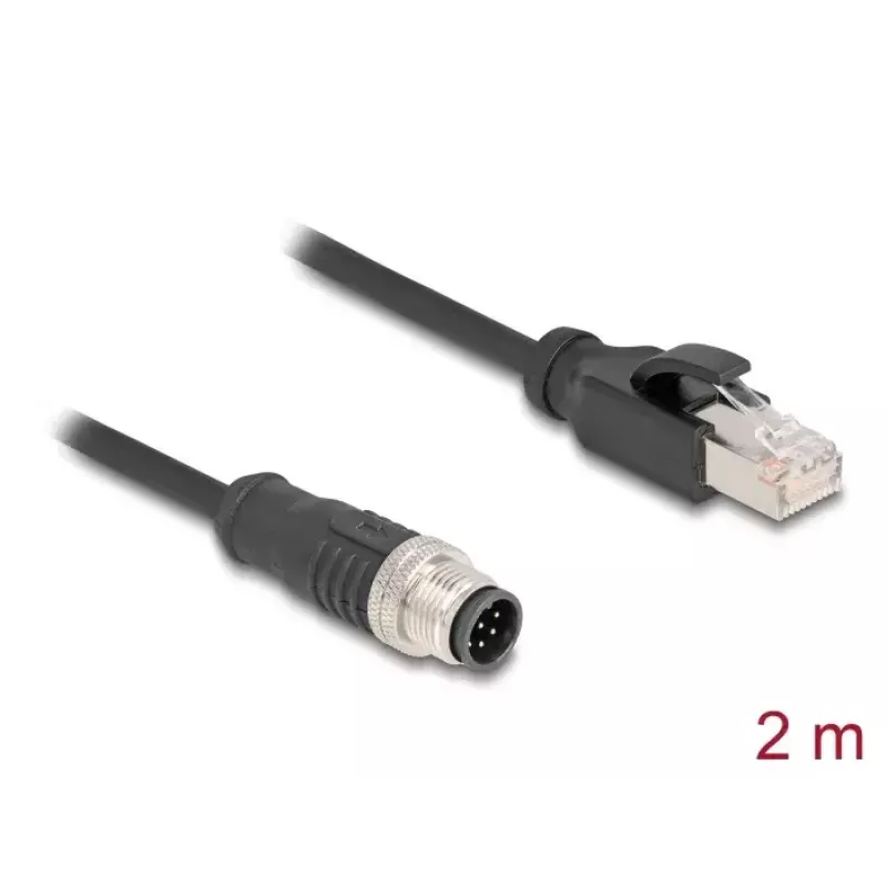 Cabo de rede DeLOCK M12 codificado A 8 pinos ficha macho para ficha RJ45 Cat5e 2 m preto