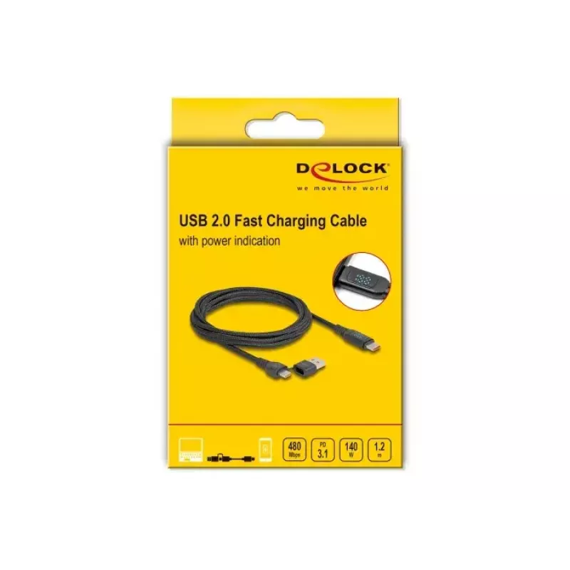 Cabo de carregamento rápido USB 2.0 DeLOCK ficha USB Type-C + USB Type-A para ficha USB Type-C PD 3.1 140 W 1,20 m