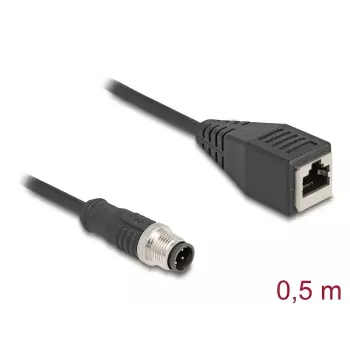Cabo Ethernet industrial DeLOCK M12 D-codificado 4 pinos ficha para conector fêmea RJ45 Cat5e 0,5 m preto