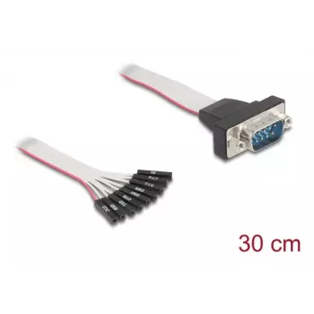Cabo RS-232 plano DELOCK conector fêmea 9 pinos para D-Sub 9 pinos macho com porcas, 30 cm, preto/cinzento