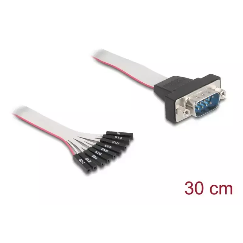 Cabo RS-232 plano DELOCK conector fêmea 9 pinos para D-Sub 9 pinos macho com porcas, 30 cm, preto/cinzento