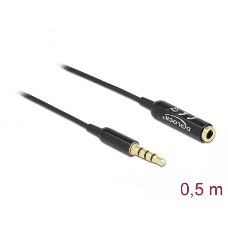 Cabo de extensão de áudio DeLOCK 66074 3,5 mm 4 pinos macho para fêmea ultra fino 0,5 m preto