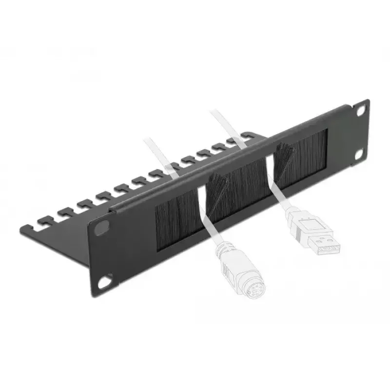 Painel de escovas DeLOCK 10 polegadas régua de escovas para gestão de cabos com placa de suporte de cabos 1 U preto