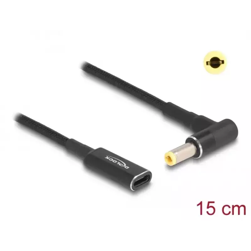 Cabo adaptador DeLOCK USB Type-C fêmea para 5,5 x 2,5 mm macho 90° angular 15 cm